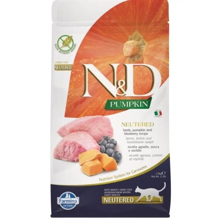N&D Pumpkin Sterilised Tahılsız Kuzu Etli Bal Kabaklı ve Yaban Mersinli Kısırlaştırılmış Kedi Maması 1.5 Kg