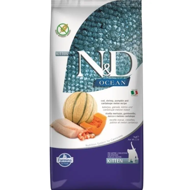 N&D Ocean Kitten Morina Balıklı Karidesli ve Kavunlu Tahılsız Yavru Kedi Maması 5 Kg