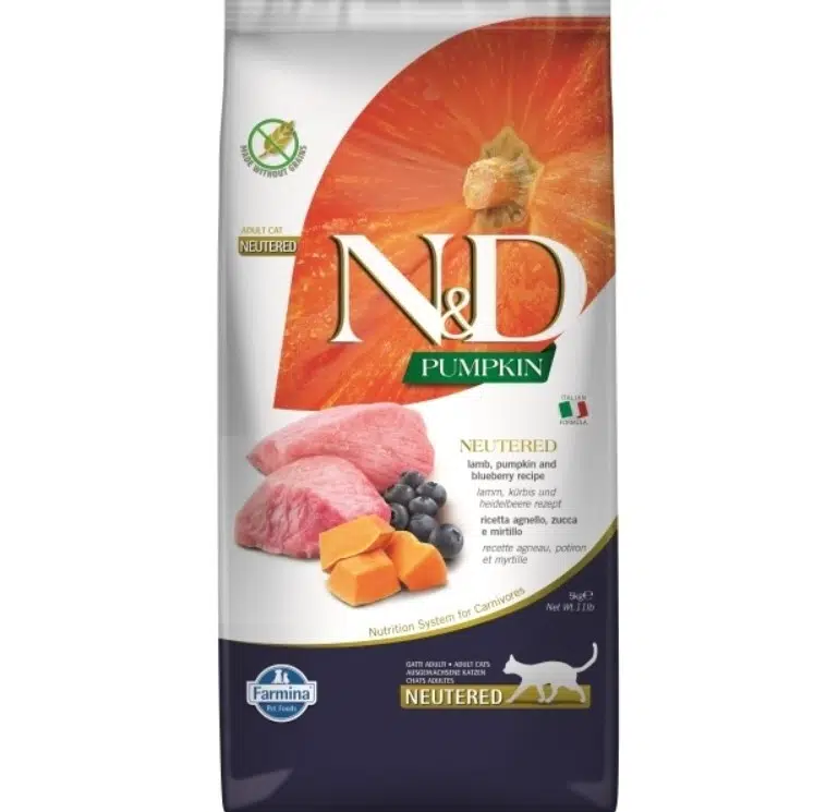 N&D Pumpkin Sterilised Adult Tahılsız Kuzu Etli Bal Kabaklı ve Yaban Mersinli Kısırlaştırılmış Yetişkin Kedi Maması 5 Kg