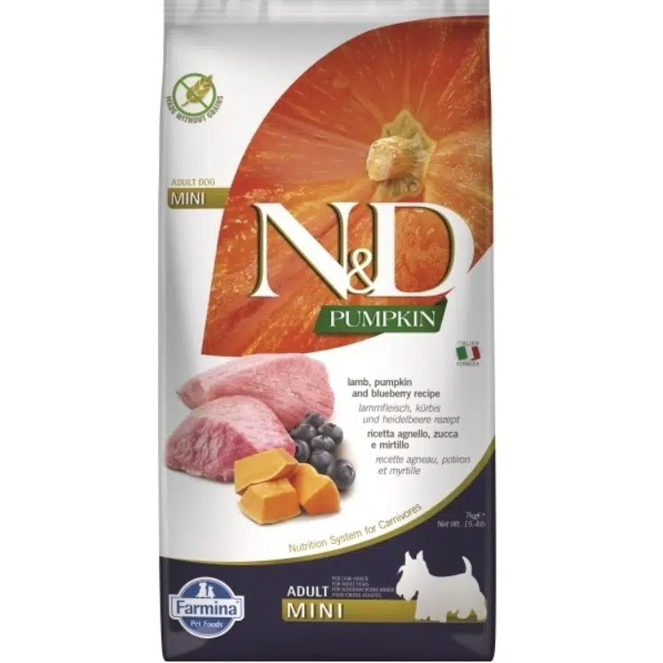 N&D Pumpkin Adult Tahılsız Bal Kabaklı Kuzulu ve Yaban Mersinli Küçük Irk Yetişkin Köpek Maması 7 Kg