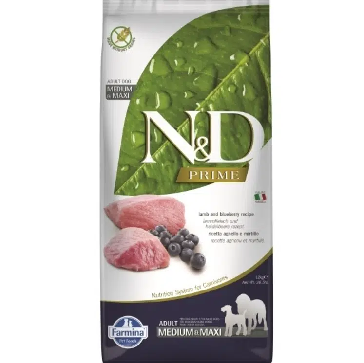 N&D Prime Adult Tahılsız Kuzu Etli ve Yaban Mersinli Orta ve Büyük Yetişkin Köpek Maması 12 Kg