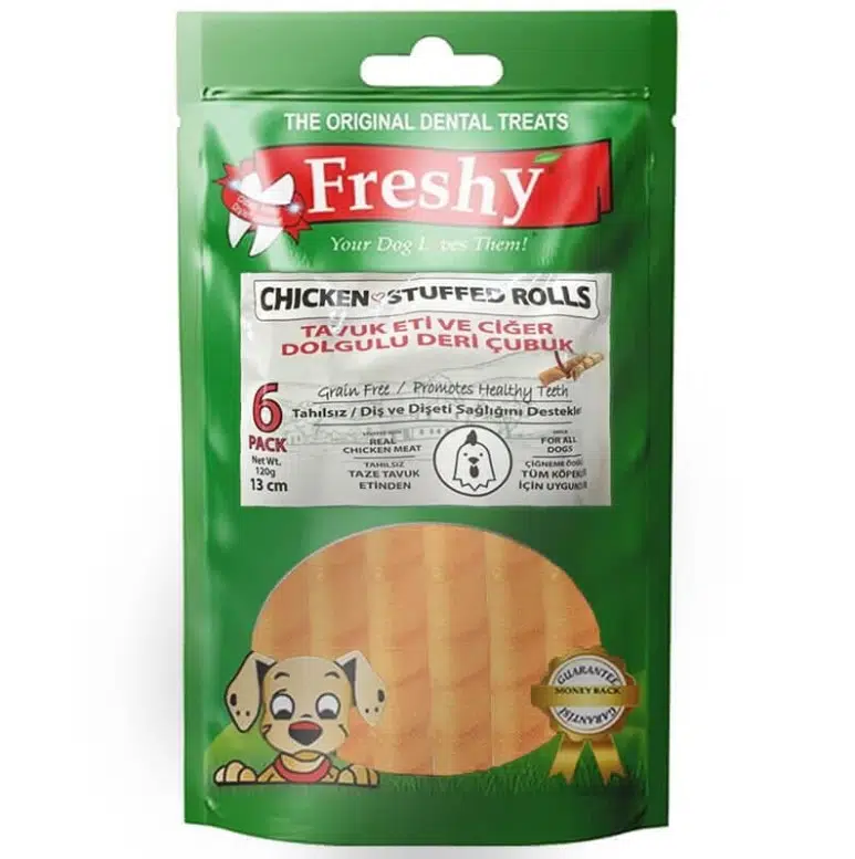 Freshy Chicken Rolls Tavuk Eti Ve Ciğer Dolgulu Deri Çubuk Köpek Ödülü 13 Cm 6 Adet 120 Gr