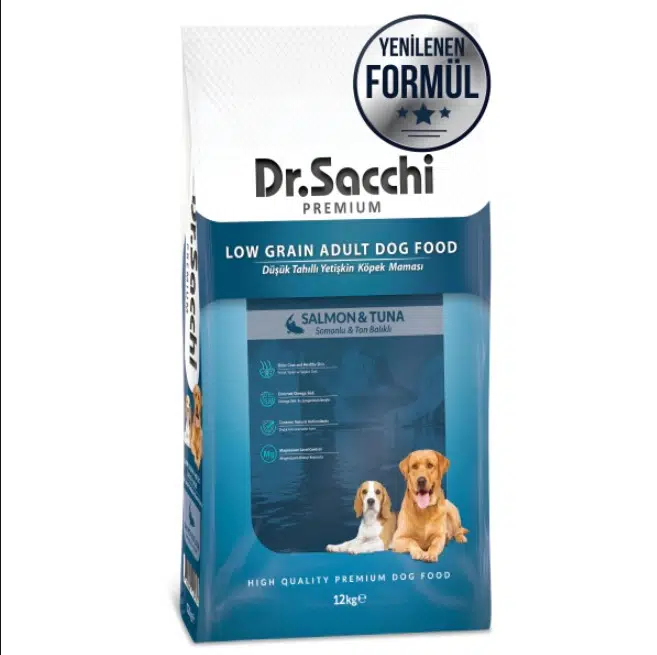 Dr.Sacchi Premium Adult Somonlu ve Ton Balıklı Düşük Tahıllı Yetişkin Köpek Maması 12 Kg