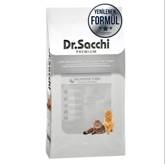 Dr.Sacchi Premium Sterilised Düşük Tahıllı Somonlu ve Ton Balıklı Kısırlaştırılmış Kedi Maması 10 Kg