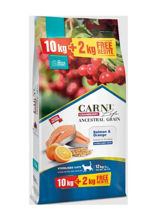 Carni Life Az Tahıllı Sterilised Somon ve Portakallı Kısırlaştırılmış Yetişkin Kedi Maması 10 Kg + 2 Kg