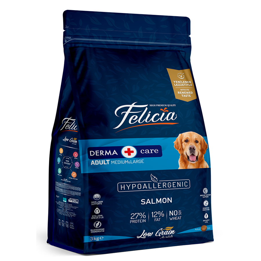 Felicia Derma Az Tahıllı HypoAllergenic Orta Büyük Irk Somonlu Yetişkin Köpek Maması 3 Kg
