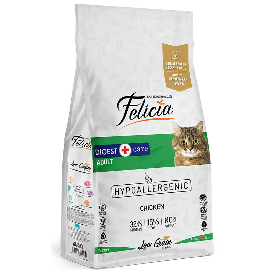 Felicia HypoAllergenic Düşük Tahıllı Digest Tavuklu ve Hamsili Yetişkin Kedi Maması 12 Kg