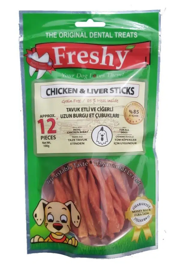 Freshy Chicken & Liver Sticks Tavuk Etli Ciğerli Burgu Çubukları 12'li Paket 100 Gr