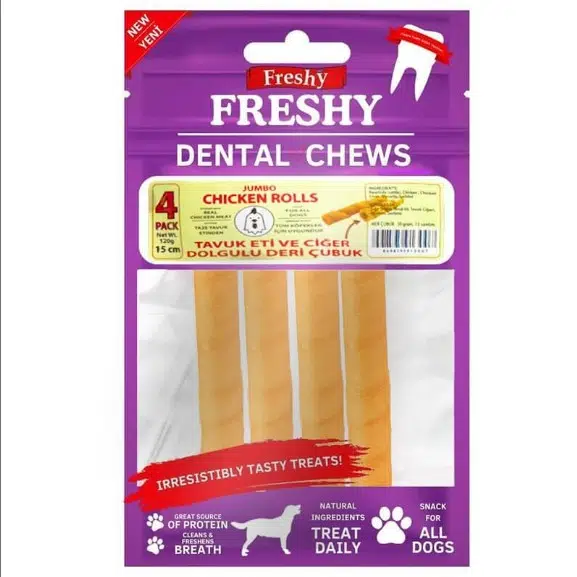 Freshy Jumbo Chicken Rolls Tavuk Etli ve Ciğer Dolgulu Deri Çubuk Köpek Ödülü 15 Cm 4 Adet 120 Gr