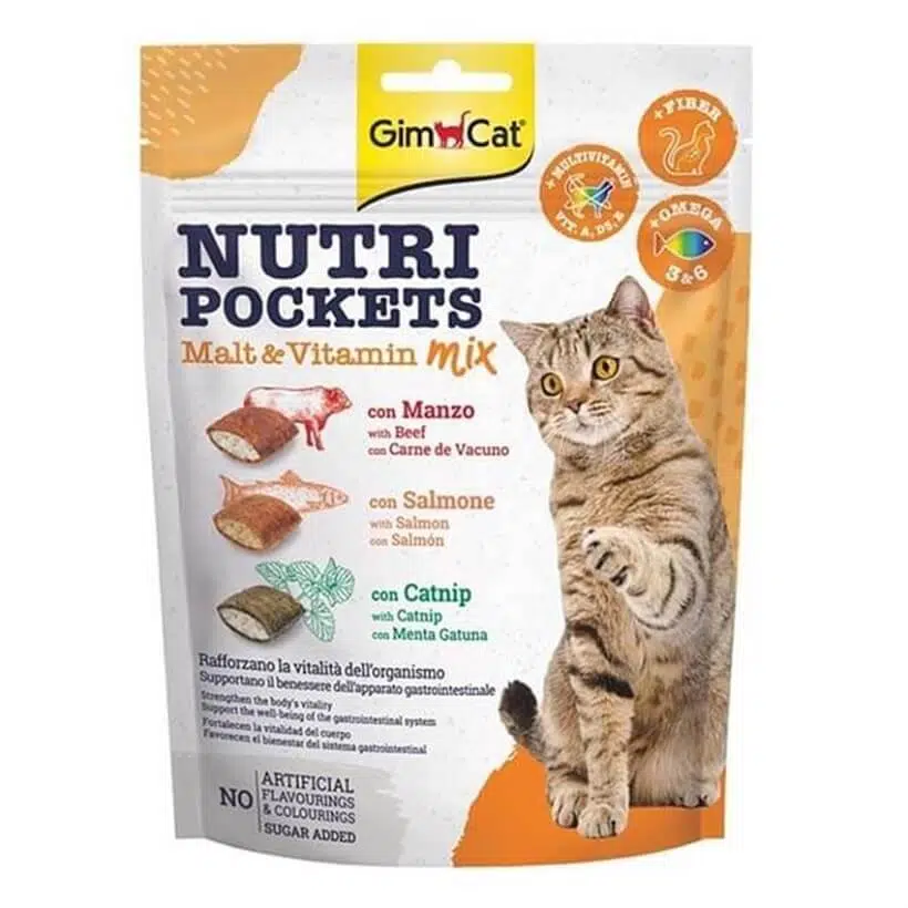 GimCat Nutripockets Malt Vitamin Mix Sığır Eti ve Somonlu Kedi Ödülü 150 Gr