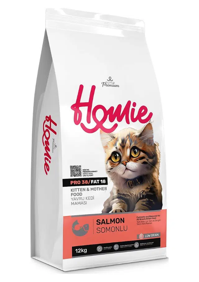 Homie Super Premium Kitten Düşük Tahıllı Somonlu Yavru ve Anne Kedi Maması 12 Kg
