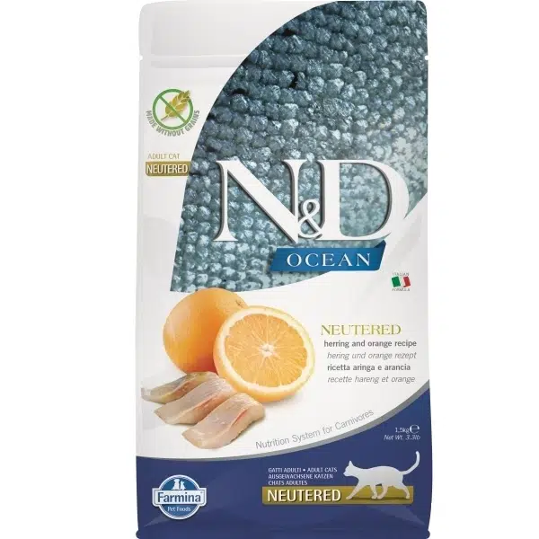 N&D Ocean Ringa Balıklı ve Portakallı Tahılsız Kısırlaştırılmış Kedi Maması 1.5 Kg