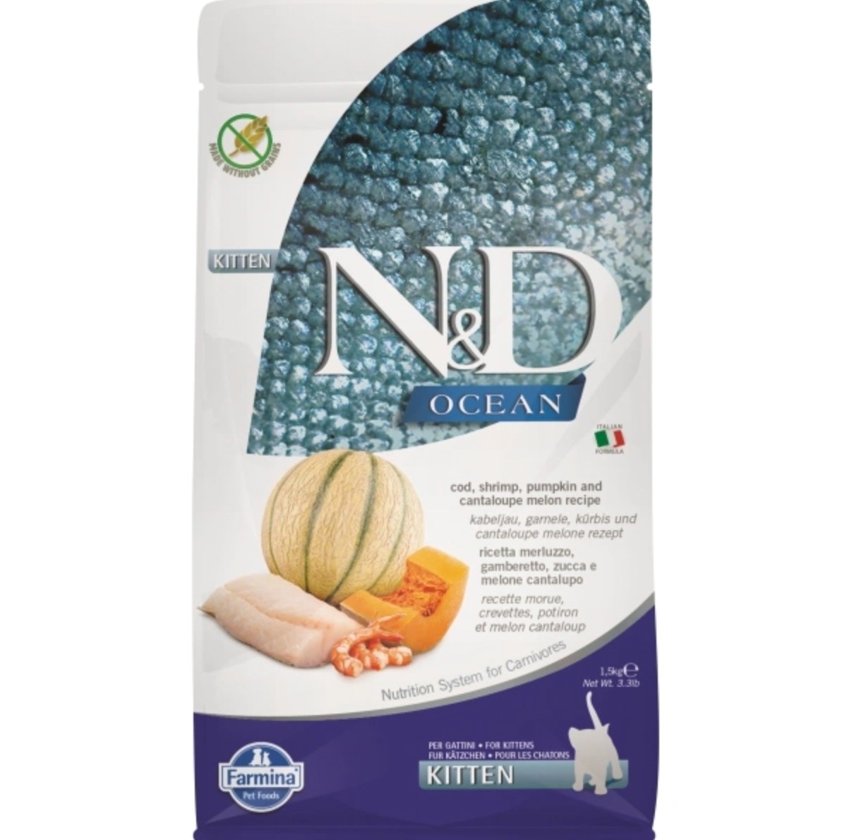 N&D Ocean Kitten Morina Balıklı Bal Kabaklı Karidesli ve Kavunlu Tahılsız Yavru Kedi Maması 1.5 Kg