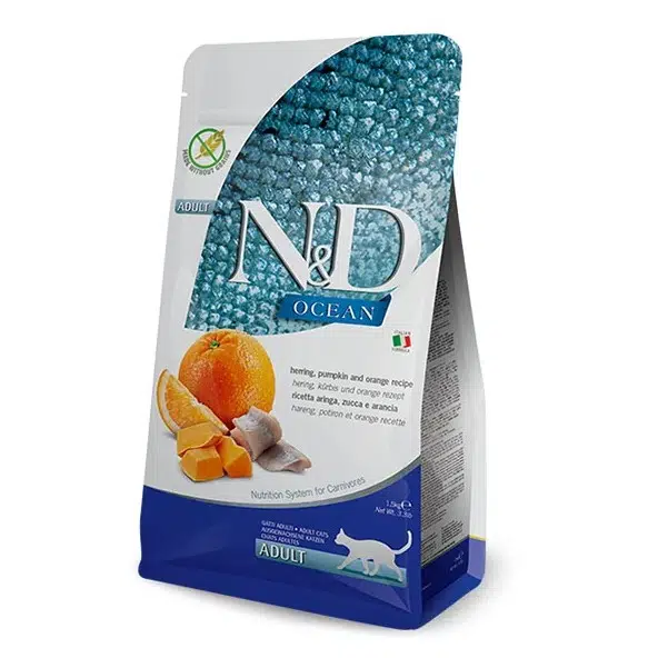 N&D Ocean Tahılsız Ringa Balığı Portakallı Ve Bal Kabaklı Adult Yetişkin Kedi Maması 1.5 Kg