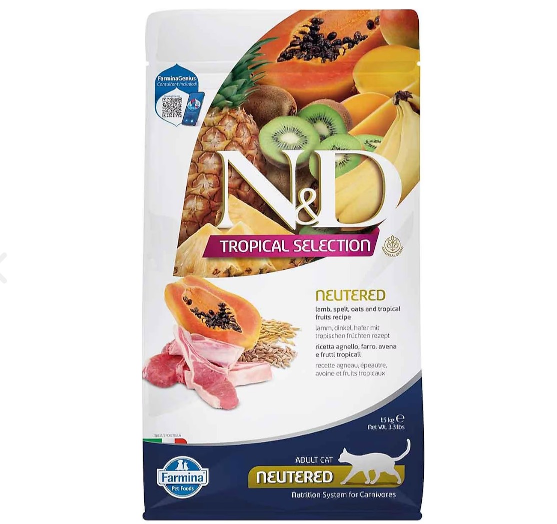 N&D Tropical Selection Kuzu Etli ve Tropikal Meyveli Kısırlaştırılmış Kedi Maması 1.5 Kg