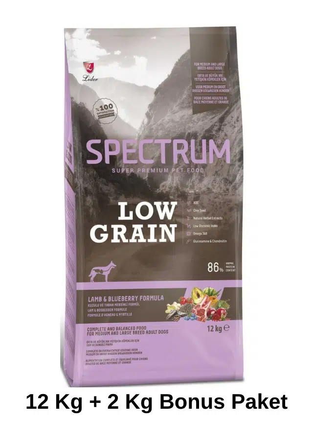 Spectrum Düşük Tahıllı Kuzulu Yaban Mersinli Orta ve Büyük Irk Yetişkin Köpek Maması 12 Kg + 2 Kg Bonus