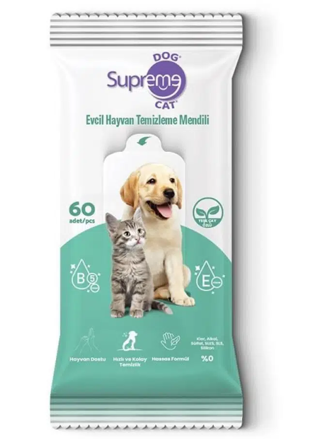 Supreme Yeşil Çaylı Kedi Ve Köpek Temizleme Mendili 60 Adet 3'lü Paket