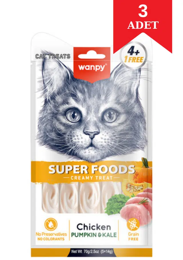Wanpy Tavuklu Balkabaklı Ve Kara Lahanalı Krema Kedi Ödül Maması 14 Gr X 5'li 3 Adet