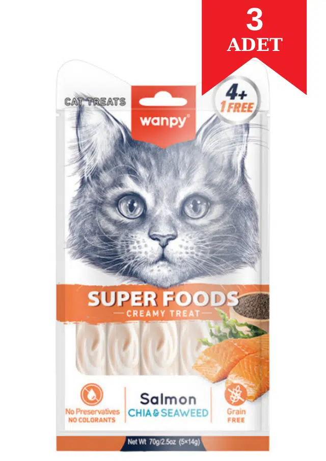 Wanpy Somonlu Chia ve Deniz Yosunlu Krema Kedi Ödül Maması 14 Gr X 5'li 3 Adet