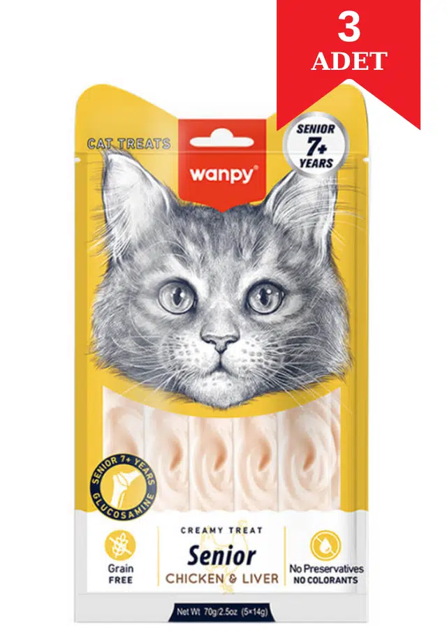 Wanpy Senior Tavuklu Ve Ciğerli Krema Yaşlı Kedi Ödül Maması 14 Gr X 5'li 3 Adet